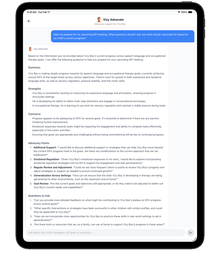 VizyAdvocate - IEP Meeting Prep Response